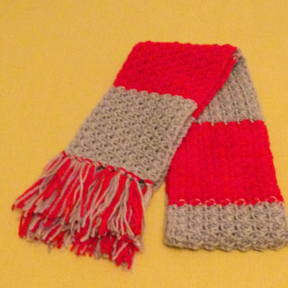Light Gray & Red Mens Hand Crocheted Scarf